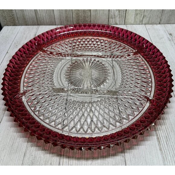 Vintage Indiana Glass Divided Serving Platter Diamond Point Ruby Red Flash 12" - Picture 1 of 8